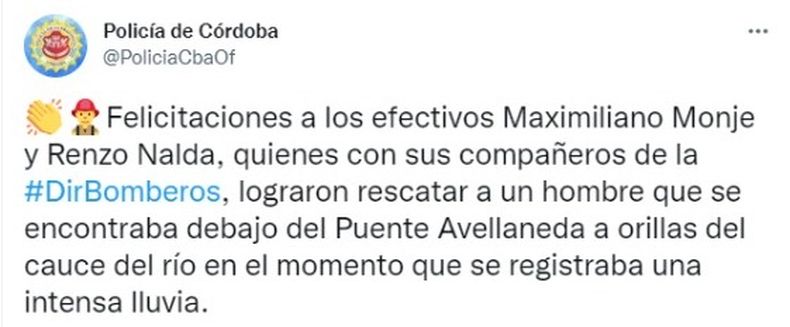 Felicitaciones por el rescate en Córdoba