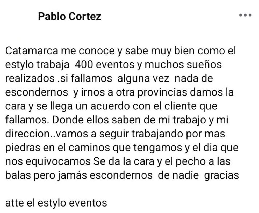 Posteo. Del organizador de eventos Cortéz en la red social Facebook.