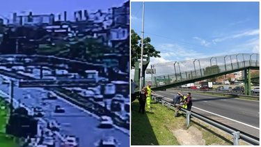 video: un camion choco y derrumbo parte de un puente peatonal sobre la general paz