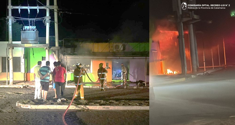 Bomberos Voluntarios de Recreo trabajaron para apagar el incendio que consumió por completo el interior del local comercial.