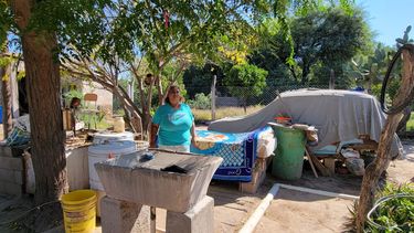 una mujer vive debajo de un arbol y necesita ayuda urgente